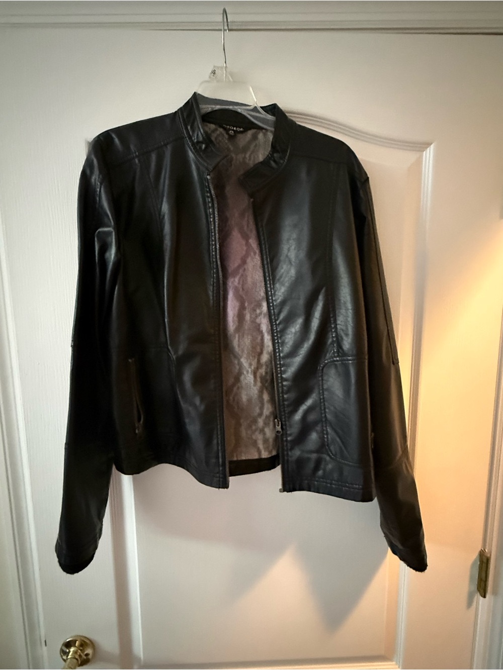 George Black Faux Leather Jacket with Brown Patterned Lining
